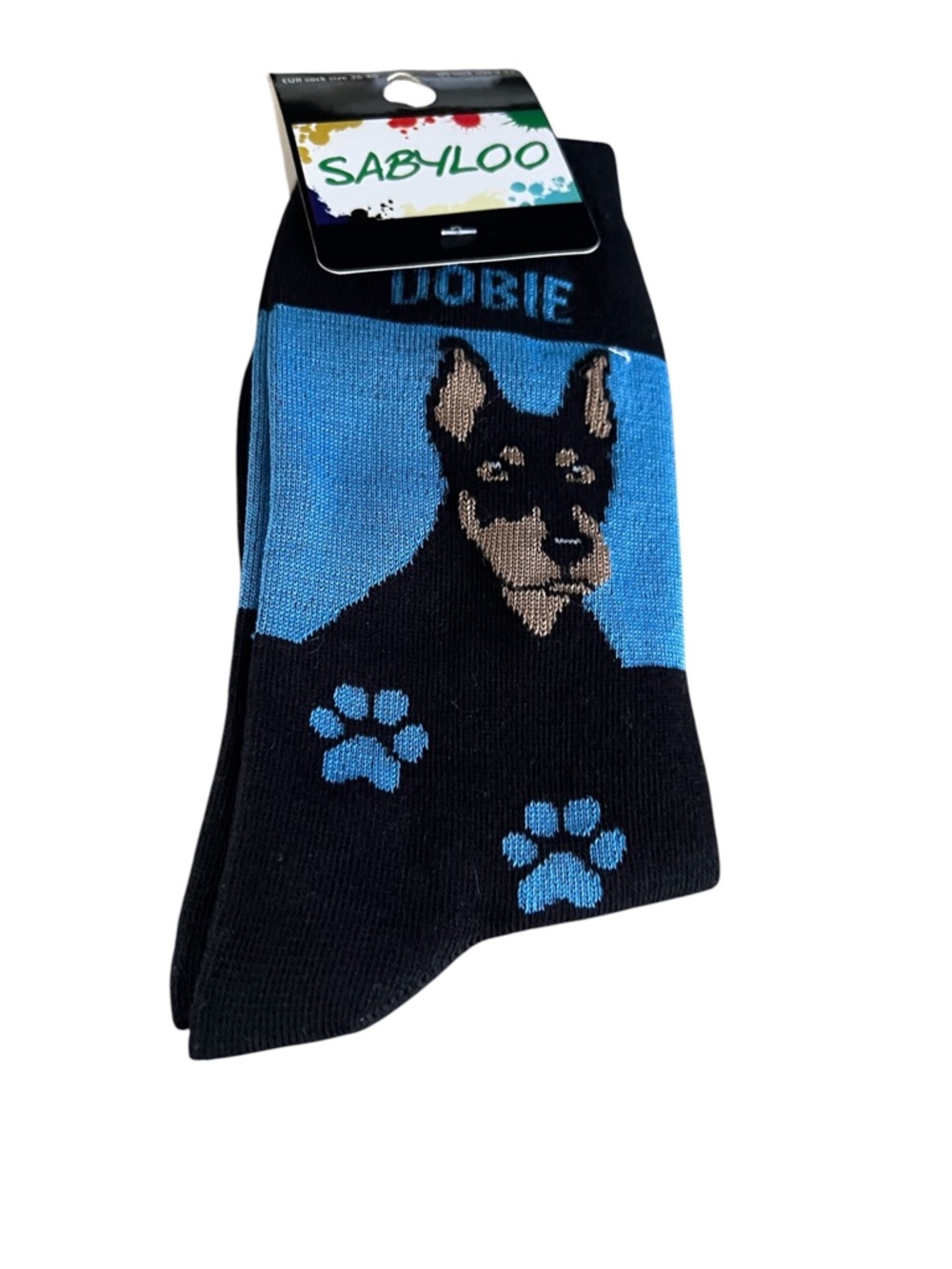 Sabyloo Dobie Socks Size 9-11 , EUR sock size 36-40. Black/Blue/Brown PawPrints.